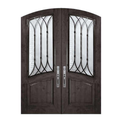 1-Lite over 1-Panel Iron Accents Mahogany Exterior Double Door Slabs – Arch Top & Rail – Warwick Wrought Iron