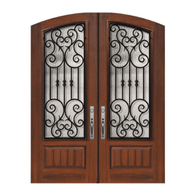 1-Lite over 1-Panel Iron Accents Stainable Fiberglass Exterior Double Door Slabs – Arch Top – Marbella Wrought Iron Grille