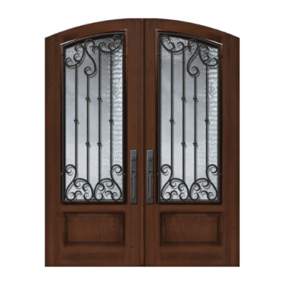 1-Lite over 1-Panel Iron Accents Stainable Fiberglass Exterior Double Door Slabs – Arch Top – Valencia Wrought Iron Grille