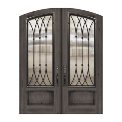 1-Lite over 1-Panel Iron Accents Stainable Fiberglass Exterior Double Door Slabs – Arch Top – Warwick Wrought Iron Grille