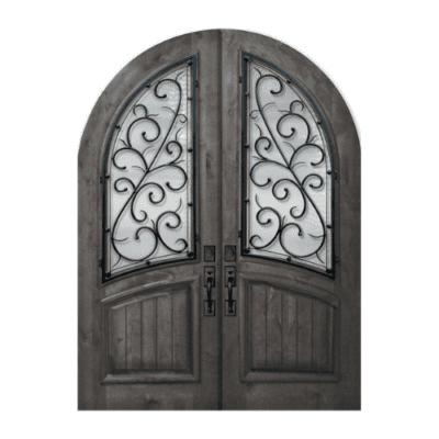 1-Lite over 1-Panel Iron Accents Knotty Alder Exterior Double Door Slabs – Round Top & Arch Rail – Bellagio Wrought Iron