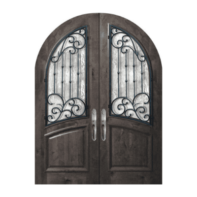 1-Lite over 1-Panel Iron Accents Knotty Alder Exterior Double Door Slabs – Round Top & Arch Rail – Catalina Wrought Iron