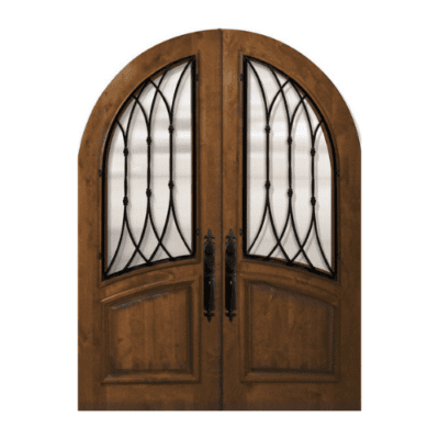1-Lite over 1-Panel Iron Accents Knotty Alder Exterior Double Door Slabs – Round Top & Arch Rail – Warwick Wrought Iron