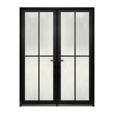 4-Lite Midcentury Modern Smooth Fiberglass Exterior Pre-hung Double Door – NP Series – Simulated Divided Lite – 8’0″