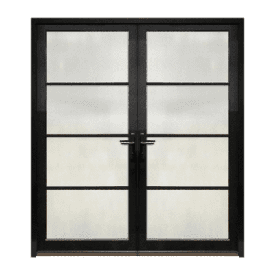 4-Lite Midcentury Modern Smooth Fiberglass Exterior Pre-hung Double Door – NP Series – Horizontal Simulated Divided Lite – 6’8″
