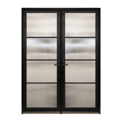 4-Lite Midcentury Modern Smooth Fiberglass Exterior Pre-hung Double Door – NP Series – Horizontal Simulated Divided Lite – 8’0″