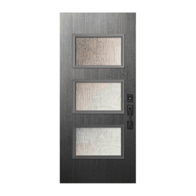 3-Lite Midcentury Modern Stainable Fiberglass Exterior Single Door Slab – Santa Monica Contemporary Door – Mahogany Grain
