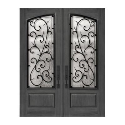 1-Lite over 1-Panel Iron Accents Stainable Fiberglass Exterior Double Door Slabs – Arch Lite – Bellagio Wrought Iron Grille