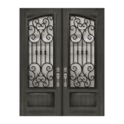 1-Lite over 1-Panel Iron Accents Stainable Fiberglass Exterior Double Door Slabs – Arch Lite – Marbella Wrought Iron Grille