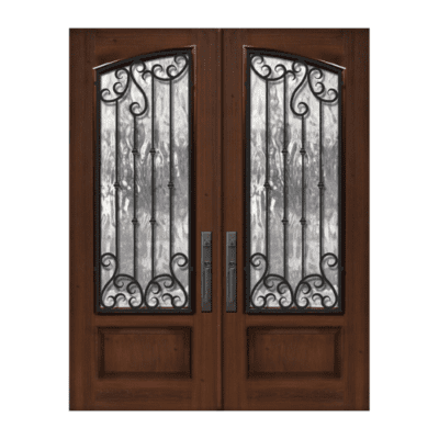 1-Lite over 1-Panel Iron Accents Stainable Fiberglass Exterior Double Door Slabs – Arch Lite – Valencia Wrought Iron Grille