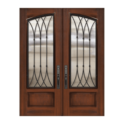 1-Lite over 1-Panel Iron Accents Stainable Fiberglass Exterior Double Door Slabs – Arch Lite – Warwick Wrought Iron Grille