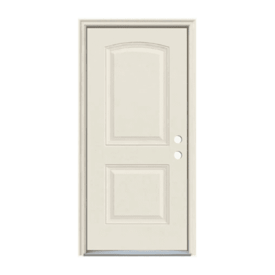 2-Panel Classic Fiberglass Exterior Prehung Single Door – Eyebrow Panel – Left Hand Inswing – Commodity doors come in either smooth or textured fiberglass.