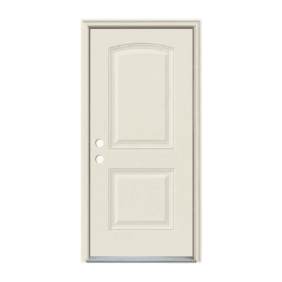 2-Panel Classic Fiberglass Single Prehung Door – Eyebrow Panel – Right Hand Inswing – Commodity doors come in either smooth or textured fiberglass.