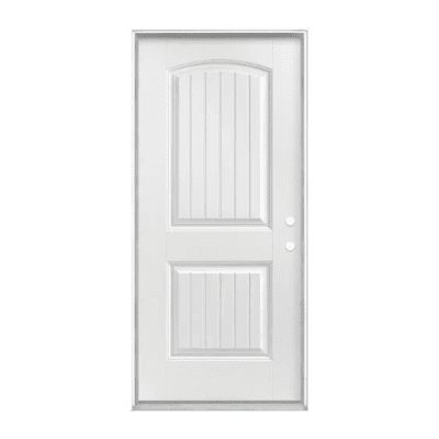 2-Panel Classic Fiberglass Exterior Prehung Single Door – Arch Panel w/ V-Groove – Left Hand Inswing – Commodity doors come in either smooth or textured fiberglass.
