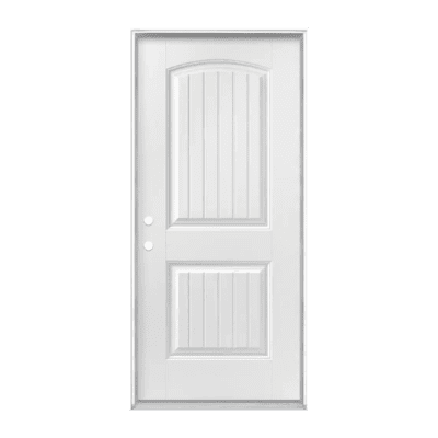 2-Panel Classic Fiberglass Exterior Prehung Single Door – Arch Panel w/ V-Groove – Right Hand Inswing – Commodity doors come in either smooth or textured fiberglass.