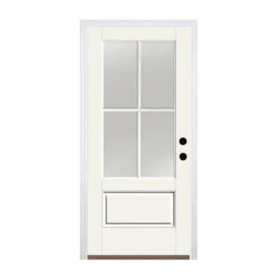 4-Lite over 1-Panel Farmhouse Fiberglass Exterior Prehung Single Door – 3/4 Lite – Left Hand Inswing – Commodity doors come in either smooth or textured fiberglass.