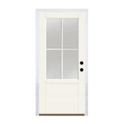 4-Lite Farmhouse Fiberglass Prehung Single Door – 3/4 Lite – Flush for Doggy Door- Left Hand Inswing – Commodity doors come in either smooth or textured fiberglass.