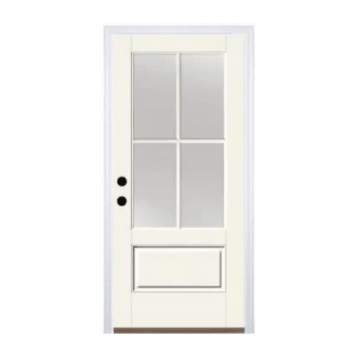 4-Lite over 1-Panel Farmhouse Fiberglass Exterior Prehung Single Door – 3/4 Lite – Right Hand Inswing – Commodity doors come in either smooth or textured fiberglass.