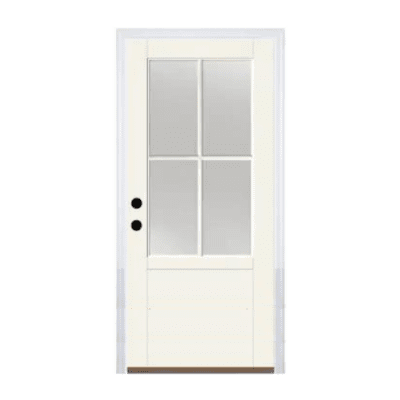 4-Lite Farmhouse Fiberglass Prehung Single Door – 3/4 Lite – Flush for Doggy Door – Right Hand Inswing – Commodity doors come in either smooth or textured fiberglass.