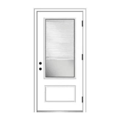 1-Lite over 1-Panel Classic Fiberglass Exterior Prehung Single Door – 3/4 Lite w/ Mini Blind – Right Hand Inswing – Commodity doors come in either smooth or textured fiberglass.