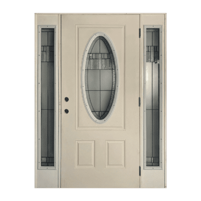 1-Lite over 2-Panel Classic Fiberglass Exterior Prehung Sidelite Door – Oval Lite w/Decorative Glass – Left Hand Inswing