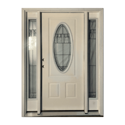 1-Lite over 2-Panel Classic Fiberglass Exterior Prehung Sidelite Door – Oval Lite w/Decorative Glass – Right Hand Inswing
