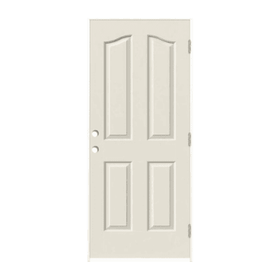 4-Panel Classic Fiberglass Prehung Single Door – Eyebrow Panel – Right Hand Inswing – Commodity doors come in either smooth or textured fiberglass.