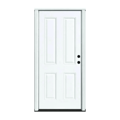 4-Panel Classic Fiberglass Exterior Prehung Single Door – Square Panel – Left Hand Inswing – Commodity doors come in either smooth or textured fiberglass.