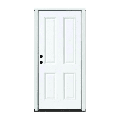 4-Panel Classic Fiberglass Exterior Prehung Single Door – Square Panel – Right Hand Inswing – Commodity doors come in either smooth or textured fiberglass.
