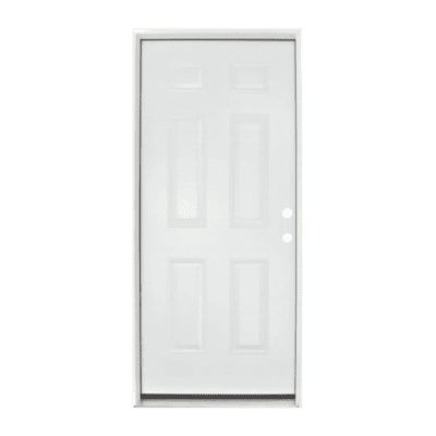 6-Panel Classic Fiberglass Exterior Prehung Single Door – Left Hand Inswing – Commodity doors come in either smooth or textured fiberglass.