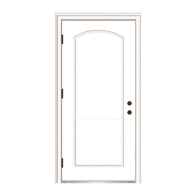 1-Panel Classic Fiberglass Exterior Prehung Single Door – Center Arch Panel – Left Hand Inswing – Commodity doors come in either smooth or textured fiberglass.
