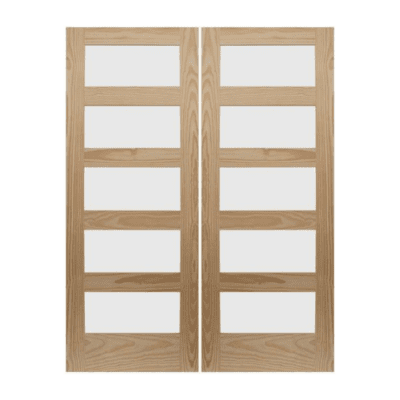 5-Lite Midcentury Modern Stain Grade Pine Interior Double Door Slabs – Shaker Style Door w/ Clear Glass