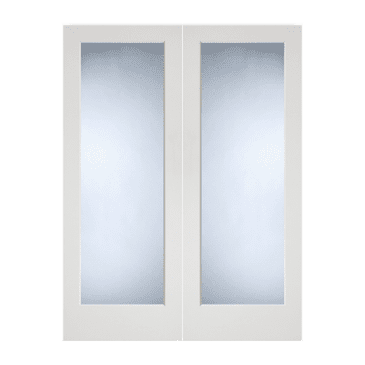 Full-Lite Midcentury Modern Primed Pine Interior Double Door Slabs – Shaker Style Door w/ Clear Glass