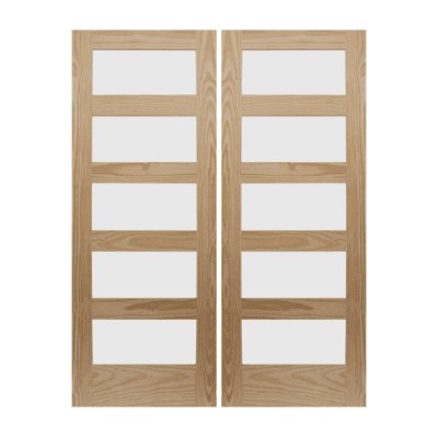 5-Lite Midcentury Modern Stain Grade Pine Interior Double Door Slabs – Shaker Style Door w/ Frosted Glass