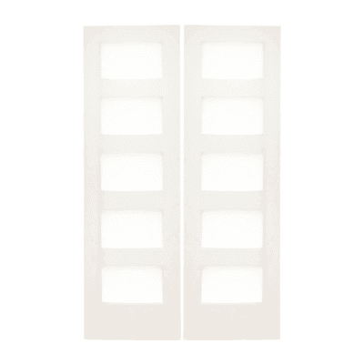 5-Lite Midcentury Modern Primed Pine Interior Double Door Slabs – Shaker Style Door w/ Frosted Glass
