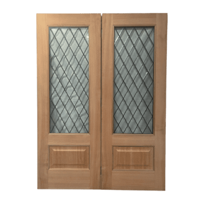 1-Lite over 1-Panel Classic Fiberglass Exterior Double Door Slabs – 3/4 Lite with Diamond Glass – with Mahogany Veneer Interior