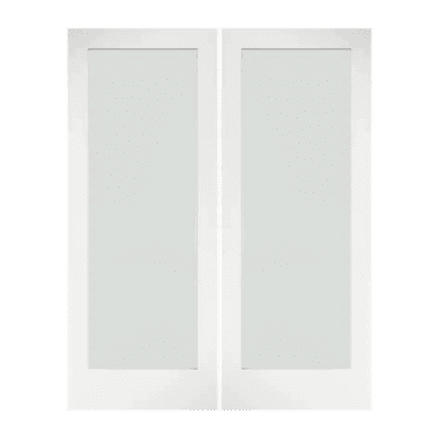 Full-Lite Midcentury Modern Primed Pine Interior Double Door Slabs – Shaker Style w/ Frosted Glass