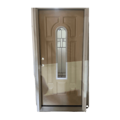 1-Lite Fiberglass Classic Exterior Prehung Single Door – Bullet Decorative Glass – Left Hand Inswing